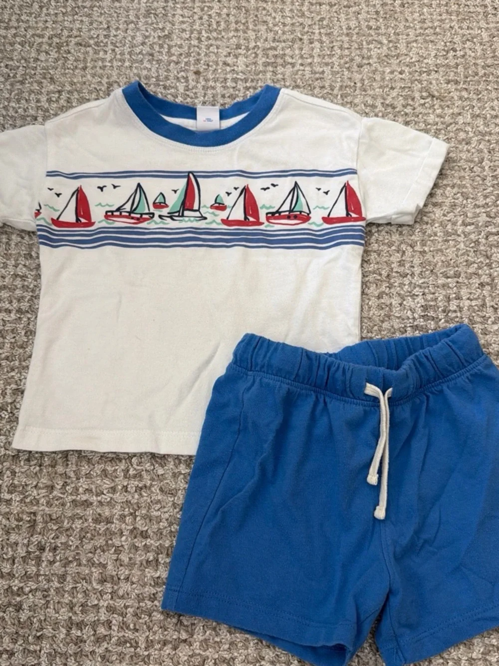 Old Navy White Tee with Blue Trim and Red Sailboat Graphic